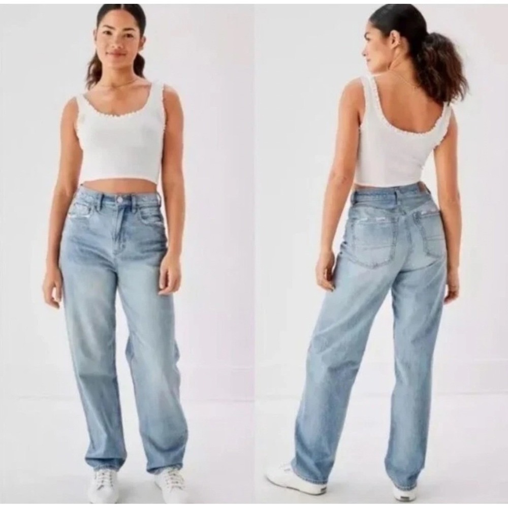 American Eagle Baggy Jean Womens 4 Light Wash High Rise Distressed Skater grunge - Picture 1 of 12